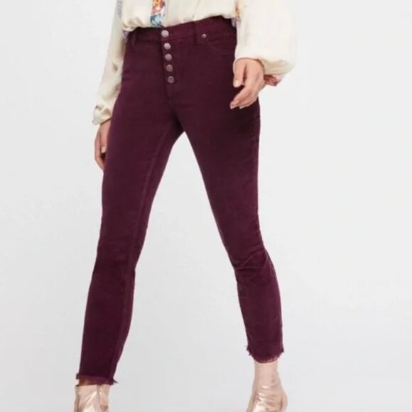 Free People Button Fly Plum Corduroy Ankle Pants Size 27 - Picture 1 of 8